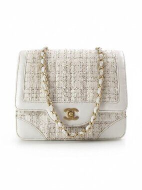 Women Designer Chanel Vintage Flap White Leather &Tweed Shoulder Bag
